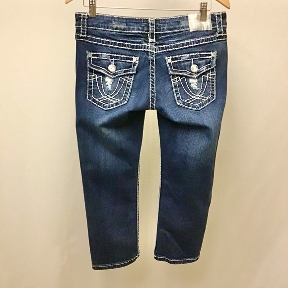 L.A. Idol 11 Cropped Capri Jeans Low Rise Embellished Flap Pockets Distressed - Picture 5 of 10